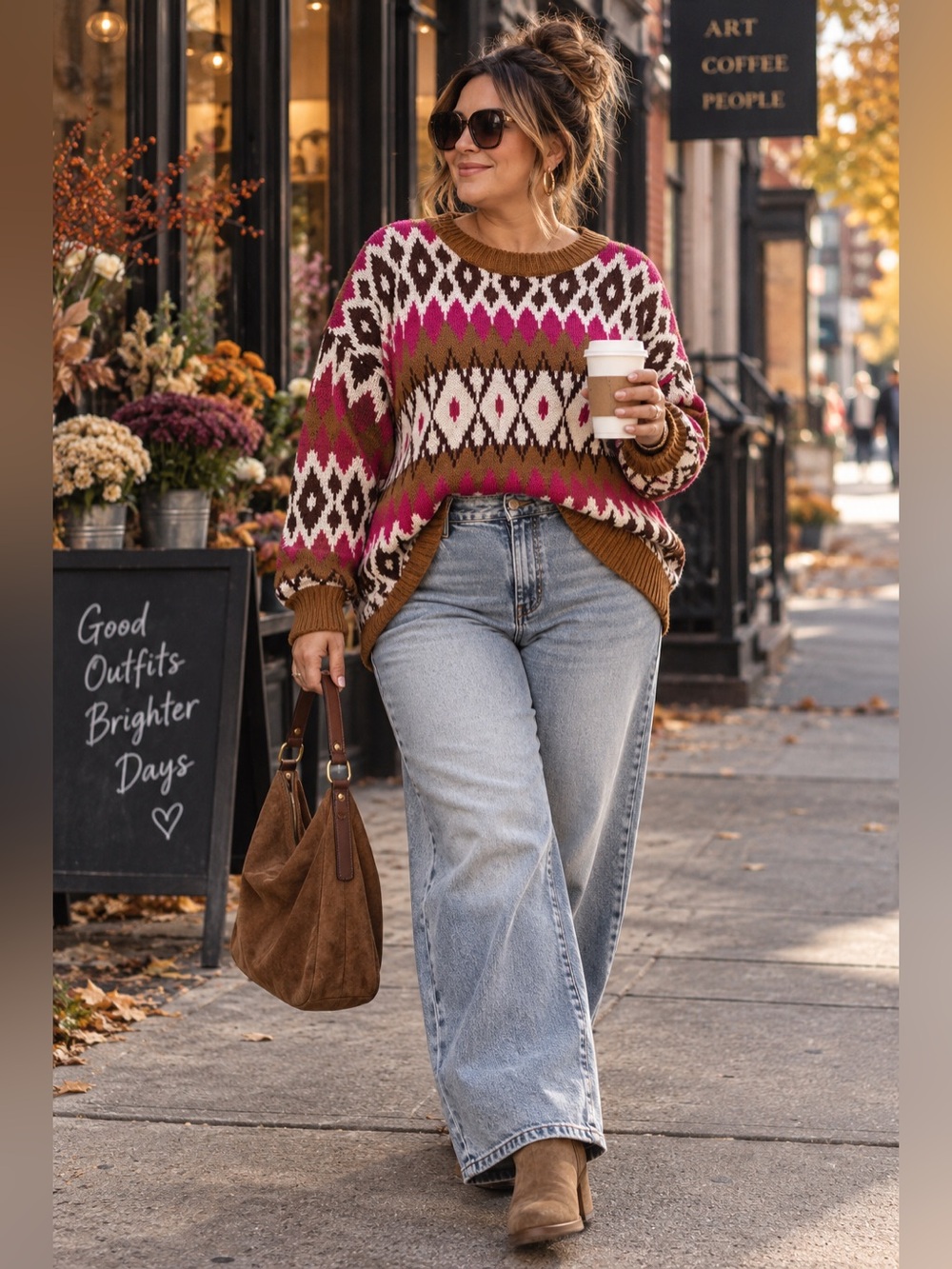 Nordic 2X Geometric Fair Isle Sweater Raspberry Brown Cream NWT Plus Size